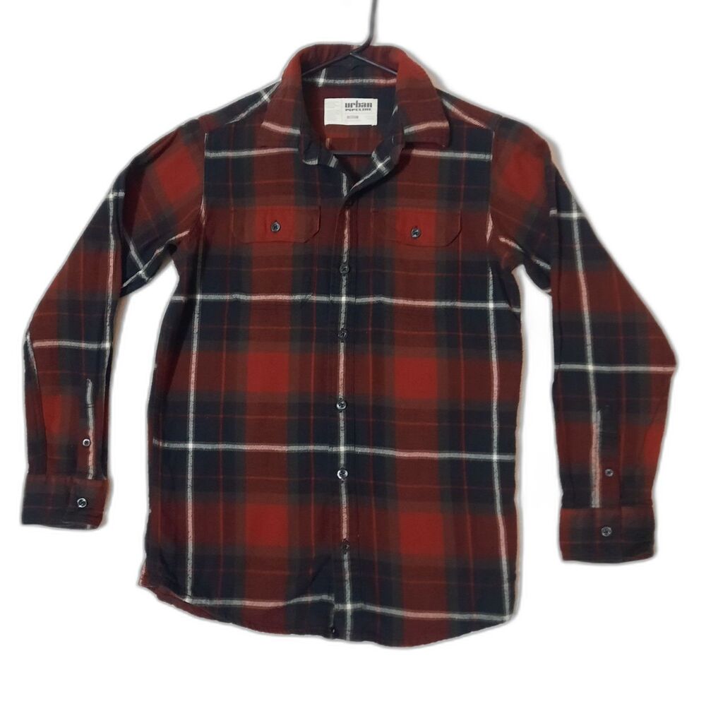 Urban Pipeline Boys' COTTON Red and Black Plaid Ultimate Flannel Shirt, MED